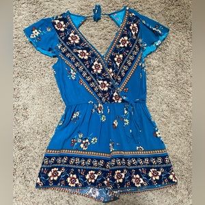 Blue Floral Wrap-style Romper - size medium
